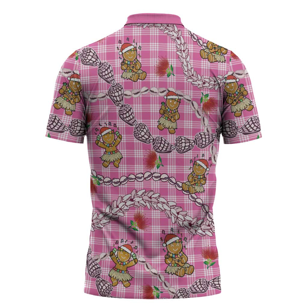 Pink Palaka Hawaii Mele Kalikimaka Zipper Polo Shirt Ohia Lehua Shell Leis Funny Gingerbread Santa LT14 - Polynesian Pride