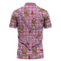 Pink Palaka Hawaii Mele Kalikimaka Zipper Polo Shirt Ohia Lehua Shell Leis Funny Gingerbread Santa LT14 - Polynesian Pride