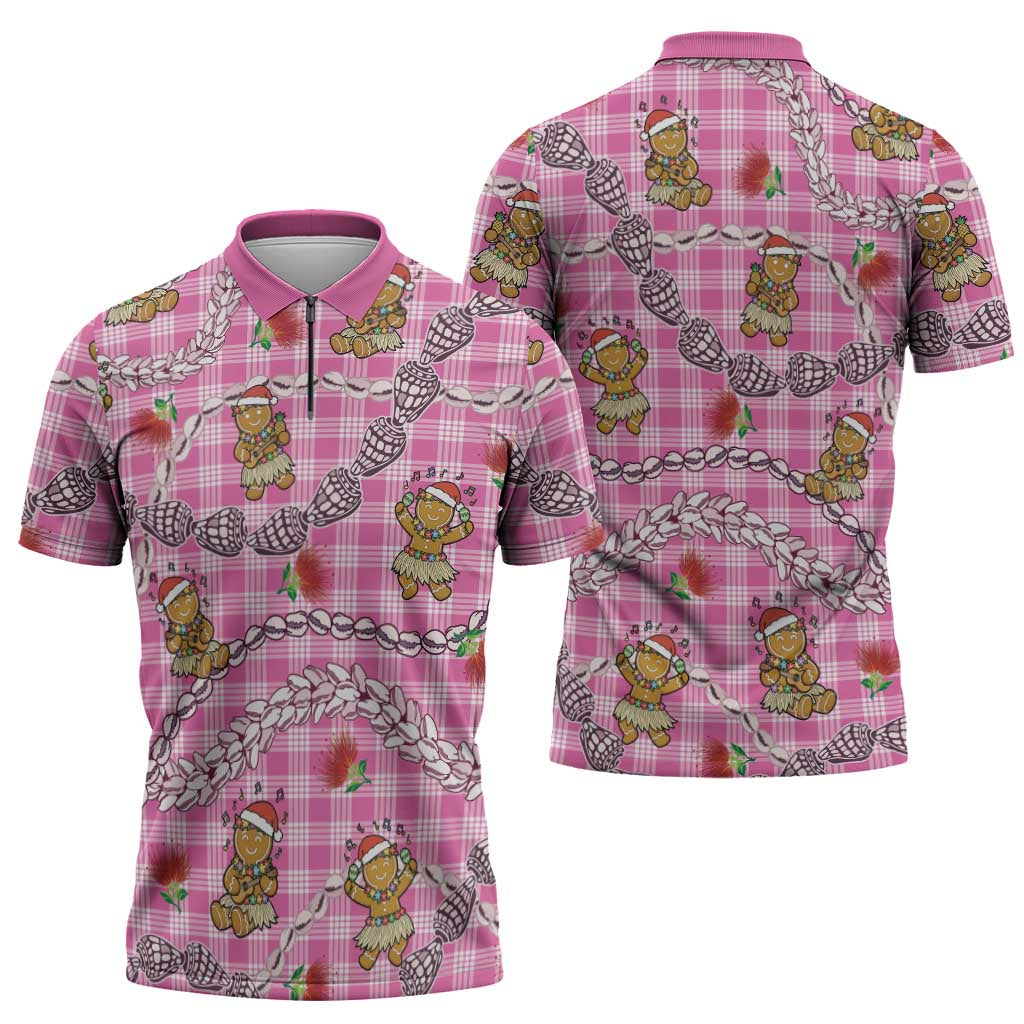Pink Palaka Hawaii Mele Kalikimaka Zipper Polo Shirt Ohia Lehua Shell Leis Funny Gingerbread Santa LT14 - Polynesian Pride