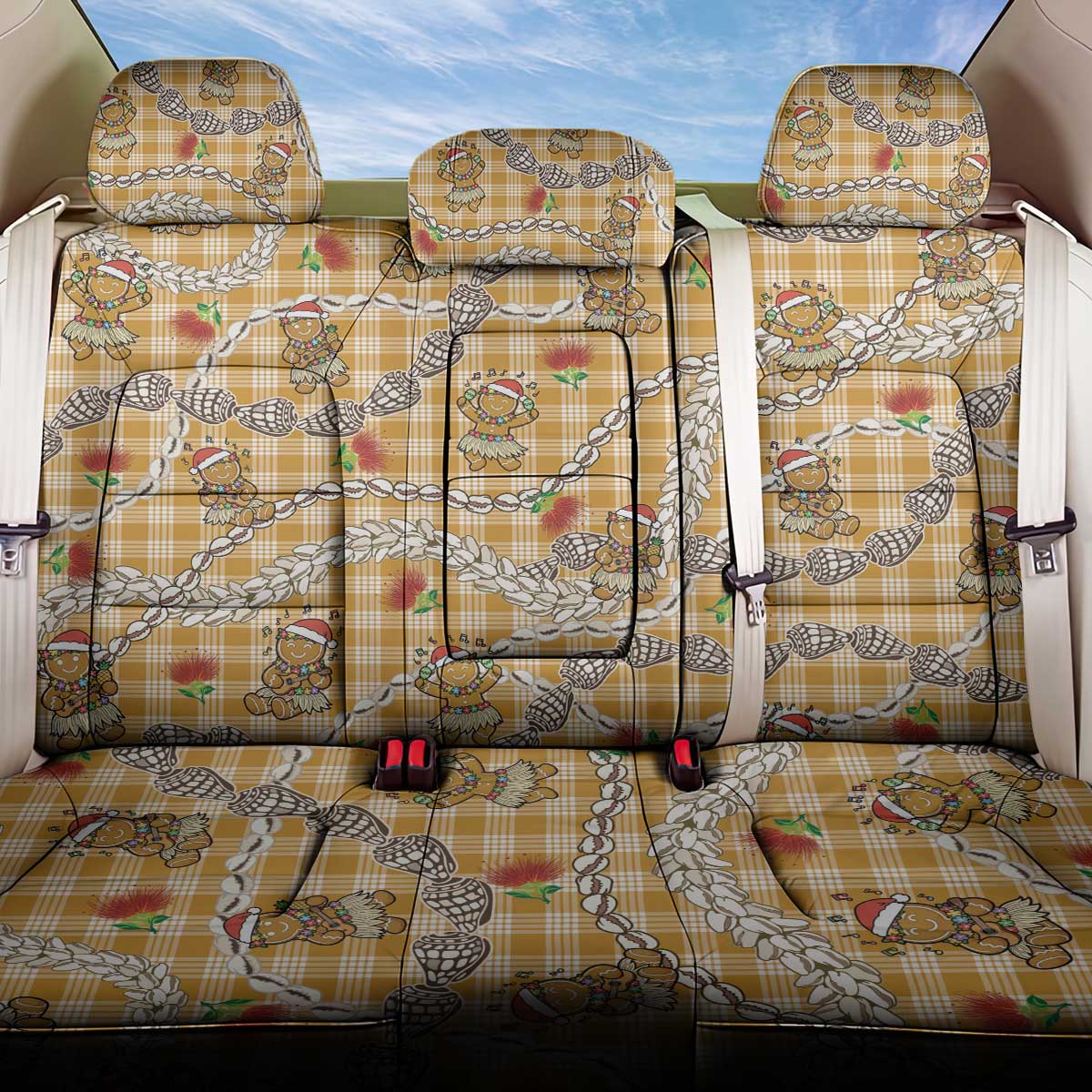 Gold Palaka Hawaii Mele Kalikimaka Back Car Seat Cover Ohia Lehua Shell Leis Funny Gingerbread Santa LT14 One Size Gold - Polynesian Pride