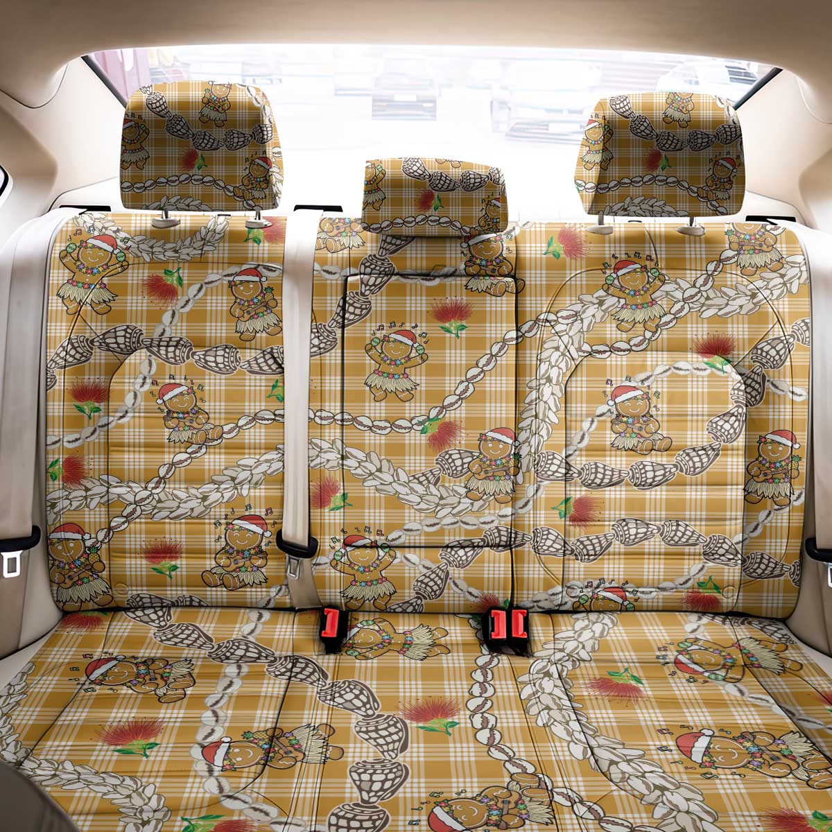 Gold Palaka Hawaii Mele Kalikimaka Back Car Seat Cover Ohia Lehua Shell Leis Funny Gingerbread Santa LT14 - Polynesian Pride