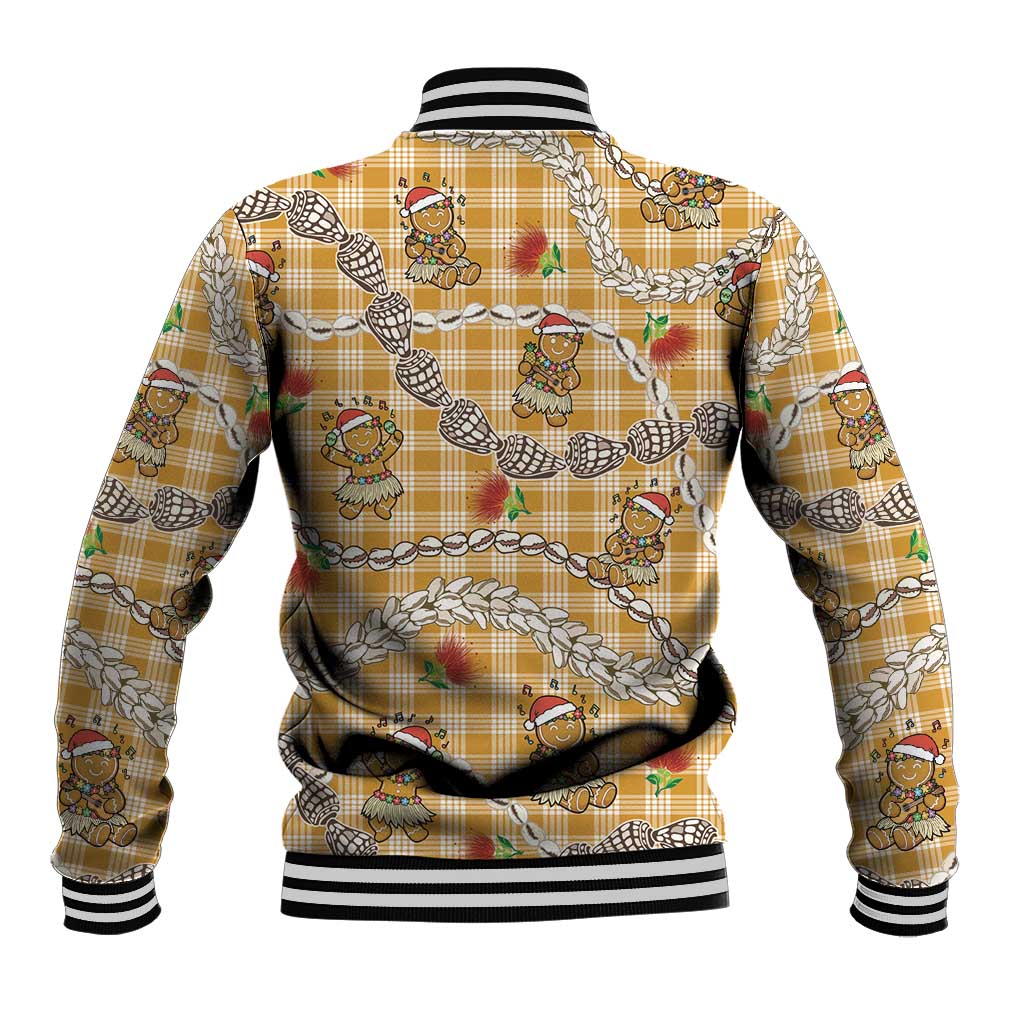 Gold Palaka Hawaii Mele Kalikimaka Baseball Jacket Ohia Lehua Shell Leis Funny Gingerbread Santa - Polynesian Pride
