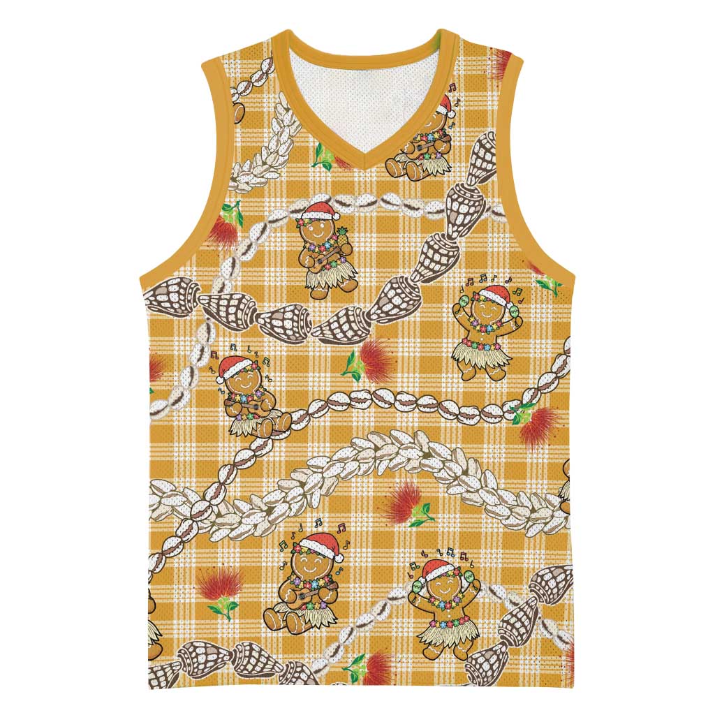 Gold Palaka Hawaii Mele Kalikimaka Basketball Jersey Ohia Lehua Shell Leis Funny Gingerbread Santa LT14 Unisex Gold - Polynesian Pride