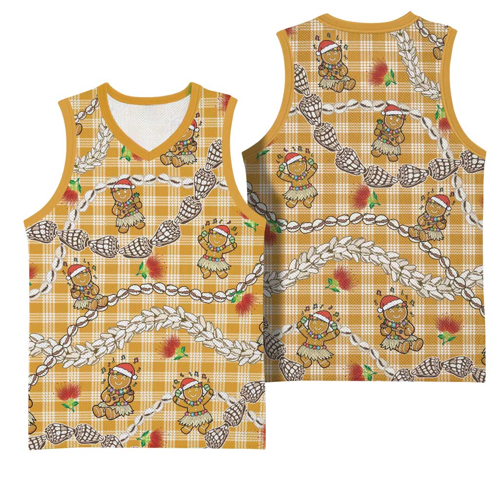 Gold Palaka Hawaii Mele Kalikimaka Basketball Jersey Ohia Lehua Shell Leis Funny Gingerbread Santa LT14 - Polynesian Pride