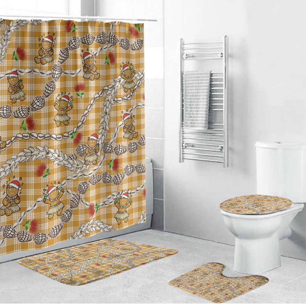 Gold Palaka Hawaii Mele Kalikimaka Bathroom Set Ohia Lehua Shell Leis Funny Gingerbread Santa - Polynesian Pride