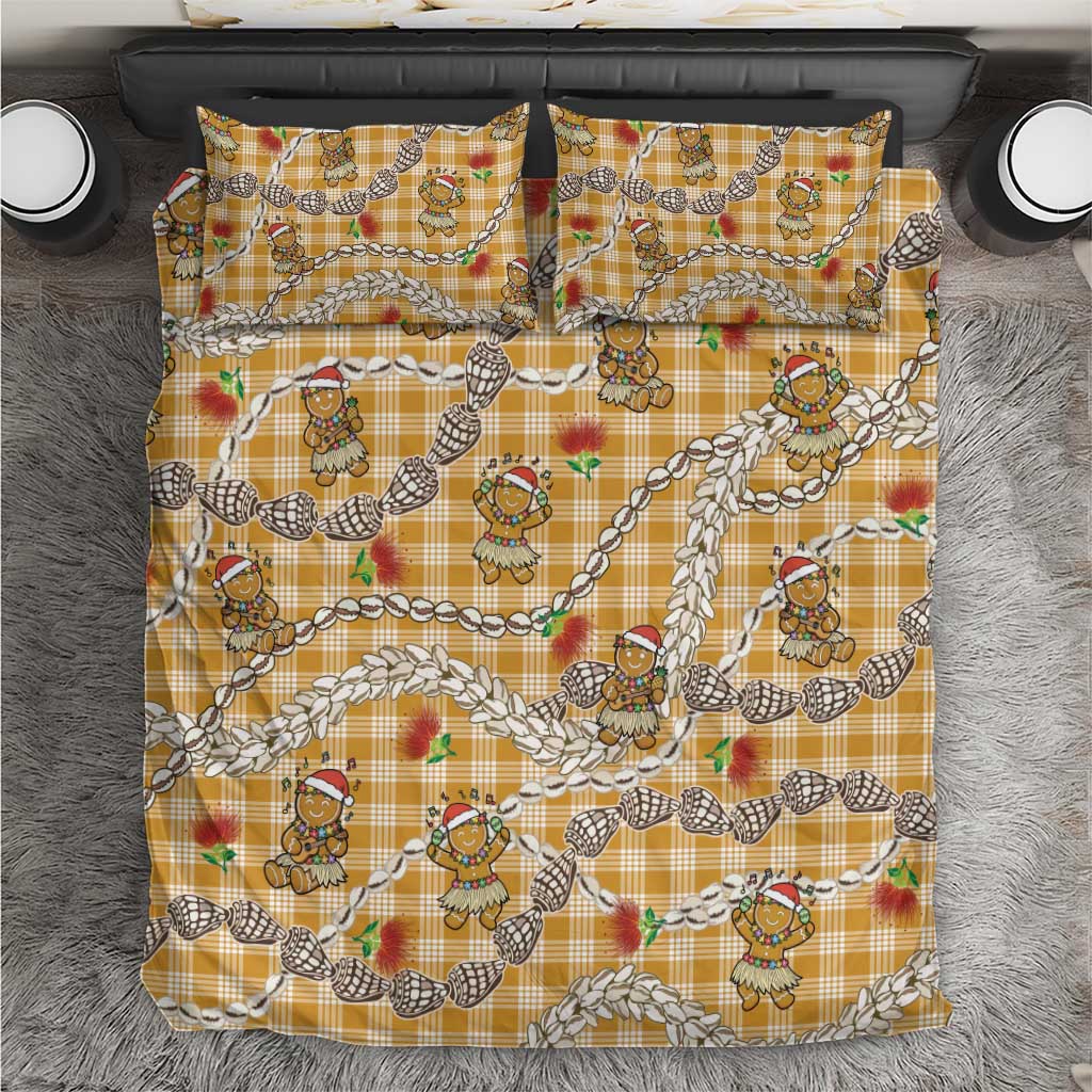 Gold Palaka Hawaii Mele Kalikimaka Bedding Set Ohia Lehua Shell Leis Funny Gingerbread Santa - Polynesian Pride