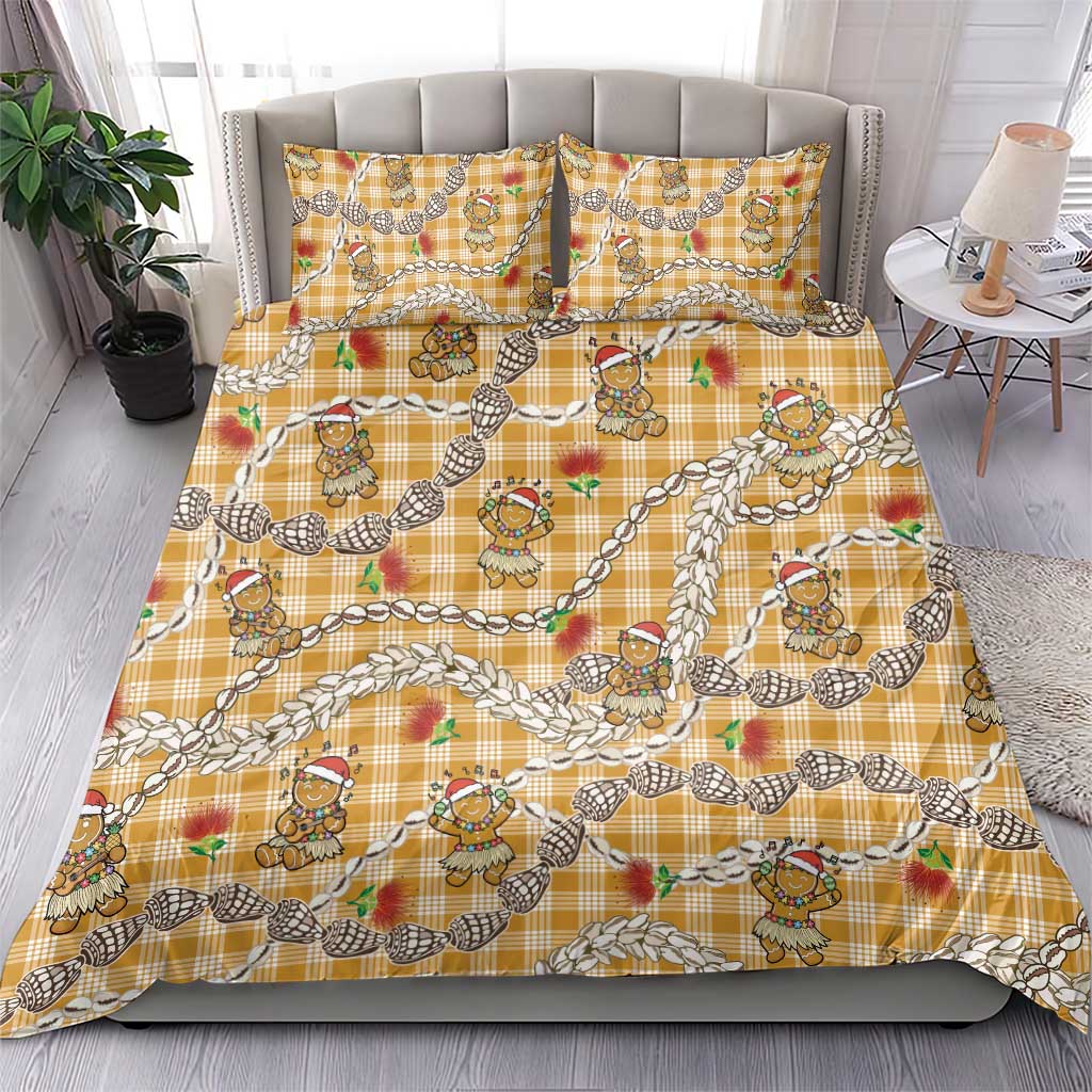 Gold Palaka Hawaii Mele Kalikimaka Bedding Set Ohia Lehua Shell Leis Funny Gingerbread Santa - Polynesian Pride