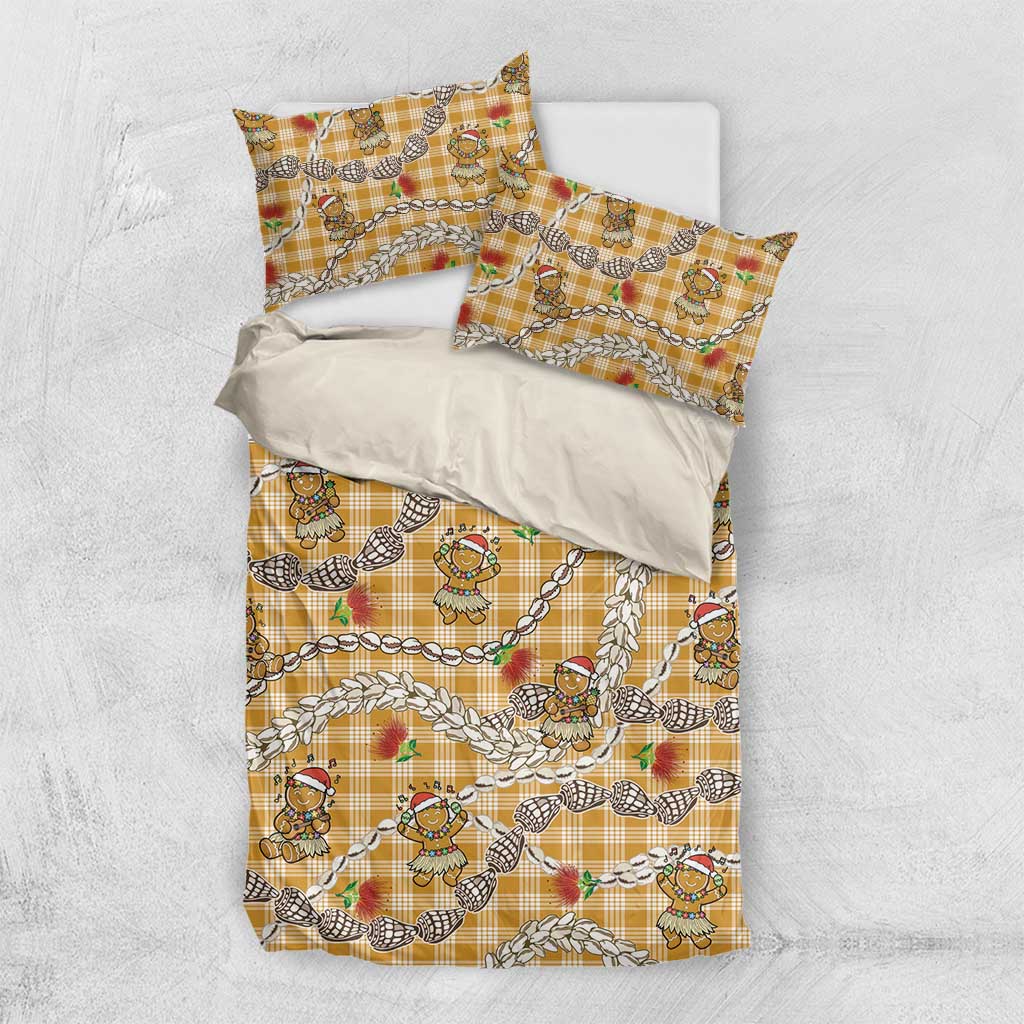 Gold Palaka Hawaii Mele Kalikimaka Bedding Set Ohia Lehua Shell Leis Funny Gingerbread Santa - Polynesian Pride