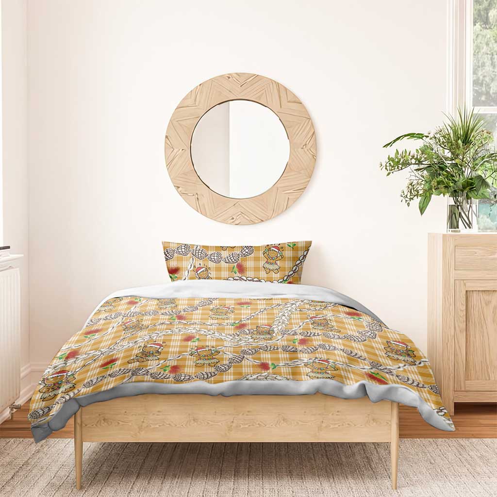 Gold Palaka Hawaii Mele Kalikimaka Bedding Set Ohia Lehua Shell Leis Funny Gingerbread Santa - Polynesian Pride
