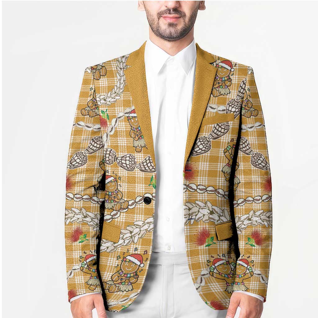 Gold Palaka Hawaii Mele Kalikimaka Blazer Ohia Lehua Shell Leis Funny Gingerbread Santa - Polynesian Pride