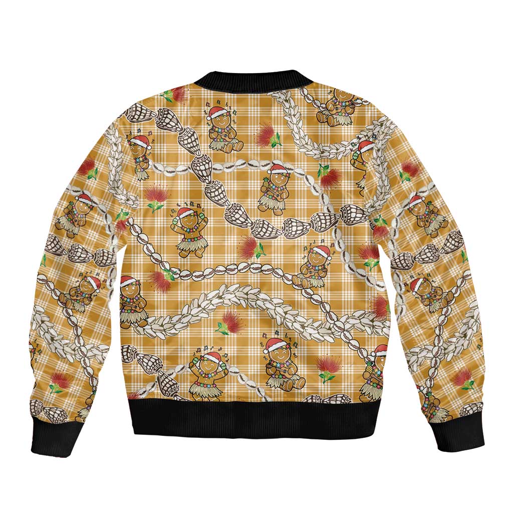 Gold Palaka Hawaii Mele Kalikimaka Bomber Jacket Ohia Lehua Shell Leis Funny Gingerbread Santa - Polynesian Pride