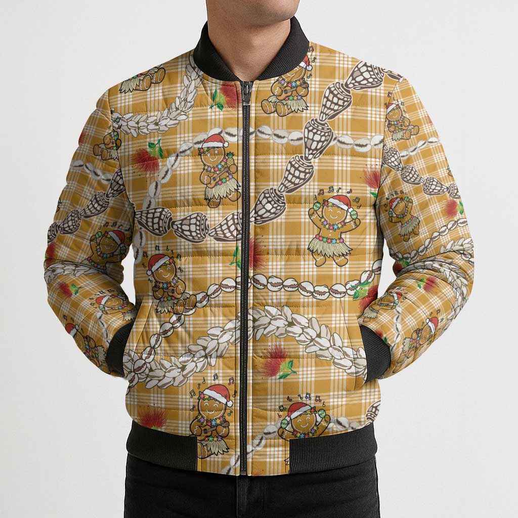 Gold Palaka Hawaii Mele Kalikimaka Bomber Puffer Jacket Ohia Lehua Shell Leis Funny Gingerbread Santa LT14 - Polynesian Pride