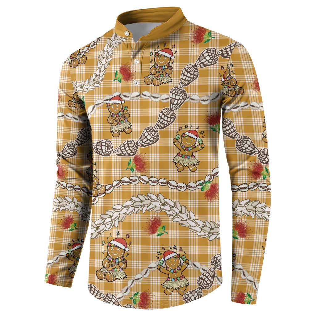 Gold Palaka Hawaii Mele Kalikimaka Button Sweatshirt Ohia Lehua Shell Leis Funny Gingerbread Santa - Polynesian Pride