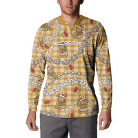 Gold Palaka Hawaii Mele Kalikimaka Button Sweatshirt Ohia Lehua Shell Leis Funny Gingerbread Santa - Polynesian Pride