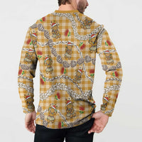 Gold Palaka Hawaii Mele Kalikimaka Button Sweatshirt Ohia Lehua Shell Leis Funny Gingerbread Santa - Polynesian Pride