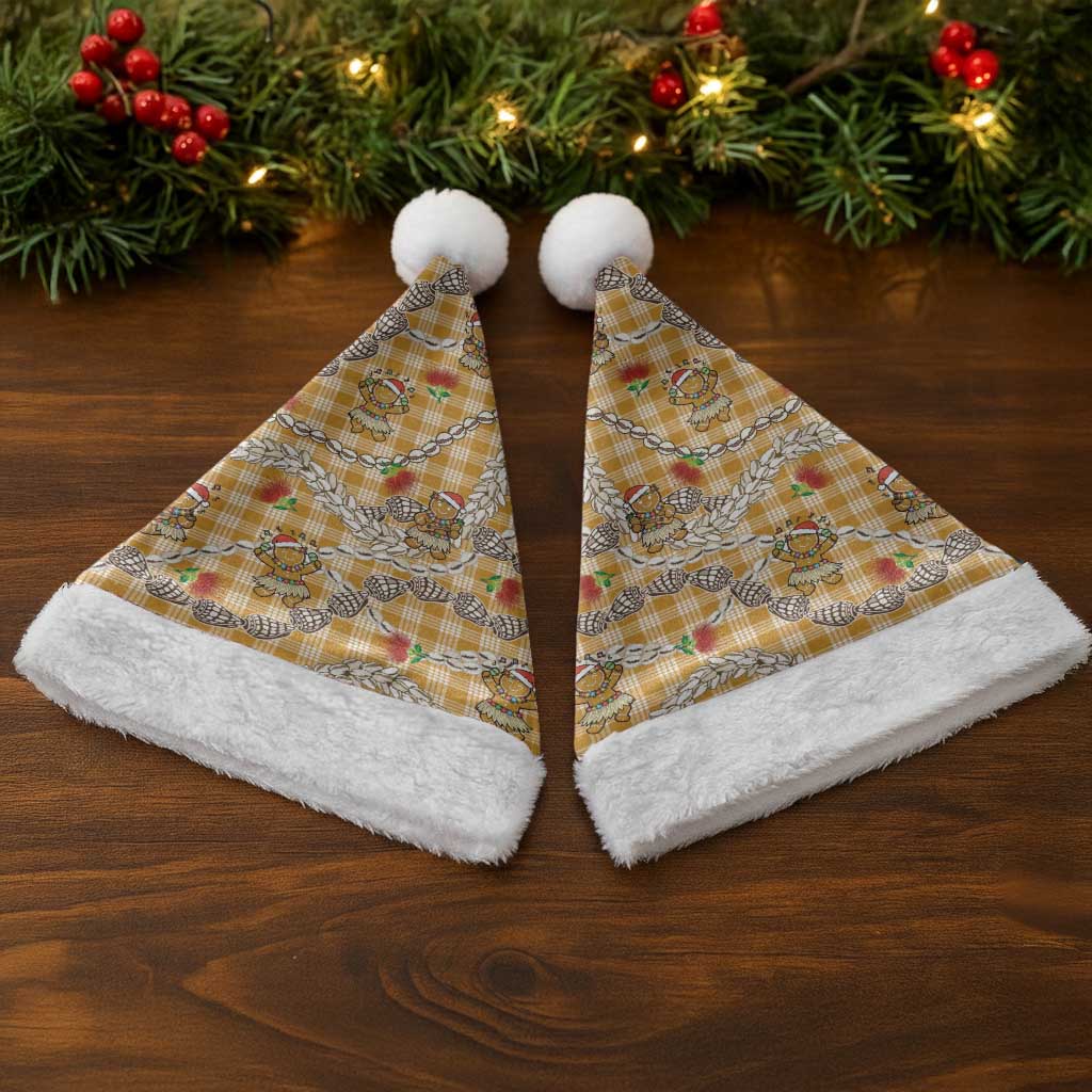 Gold Palaka Hawaii Mele Kalikimaka Christmas Santa Hat Ohia Lehua Shell Leis Funny Gingerbread Santa LT14 - Polynesian Pride