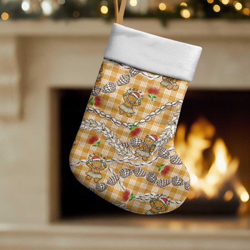 Gold Palaka Hawaii Mele Kalikimaka Christmas Stocking Ohia Lehua Shell Leis Funny Gingerbread Santa - Polynesian Pride