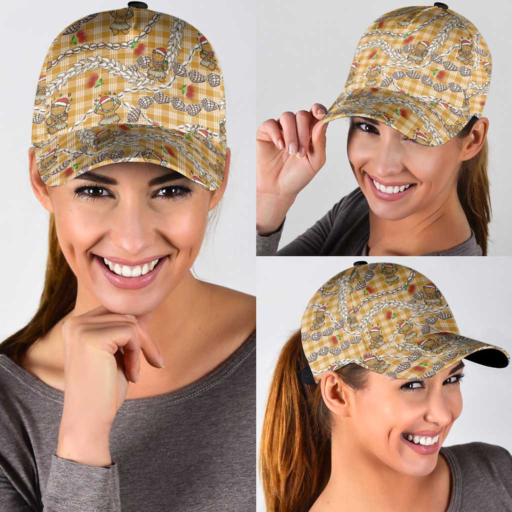 Gold Palaka Hawaii Mele Kalikimaka Classic Cap Ohia Lehua Shell Leis Funny Gingerbread Santa - Polynesian Pride