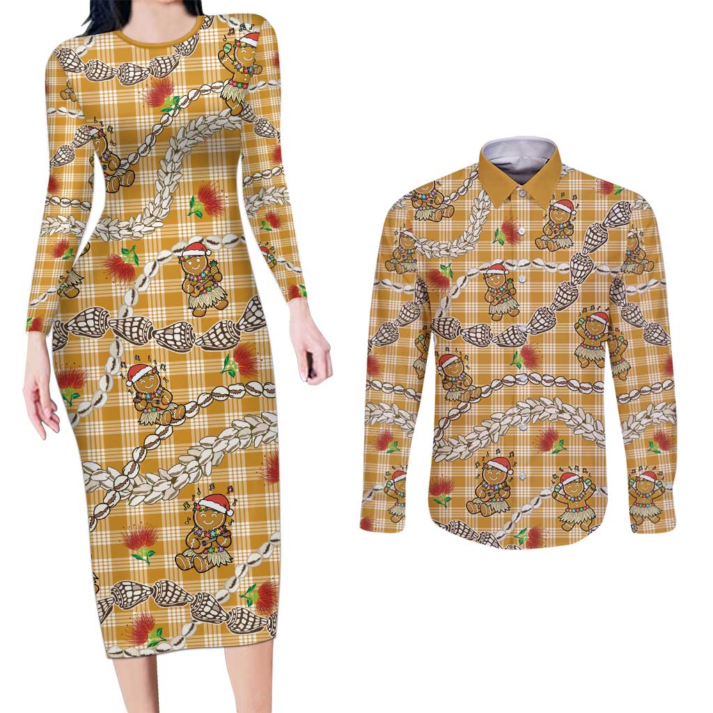 Gold Palaka Hawaii Mele Kalikimaka Couples Matching Long Sleeve Bodycon Dress and Long Sleeve Button Shirt Ohia Lehua Shell Leis Funny Gingerbread Santa - Polynesian Pride