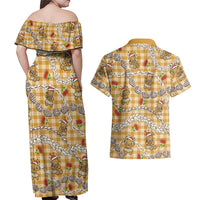 Gold Palaka Hawaii Mele Kalikimaka Couples Matching Off Shoulder Maxi Dress and Hawaiian Shirt Ohia Lehua Shell Leis Funny Gingerbread Santa LT14 - Polynesian Pride