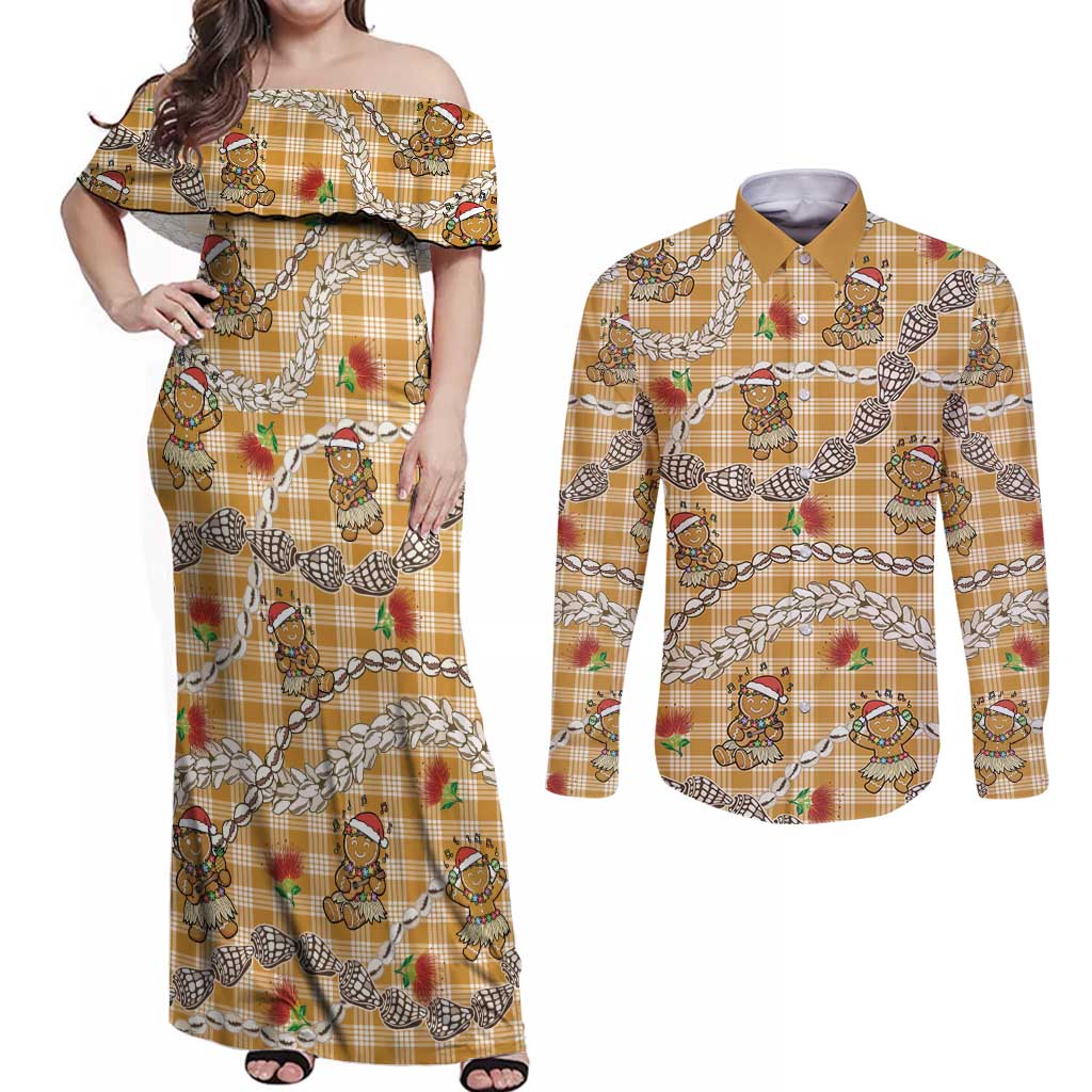 Gold Palaka Hawaii Mele Kalikimaka Couples Matching Off Shoulder Maxi Dress and Long Sleeve Button Shirt Ohia Lehua Shell Leis Funny Gingerbread Santa - Polynesian Pride