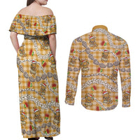 Gold Palaka Hawaii Mele Kalikimaka Couples Matching Off Shoulder Maxi Dress and Long Sleeve Button Shirt Ohia Lehua Shell Leis Funny Gingerbread Santa LT14 - Polynesian Pride
