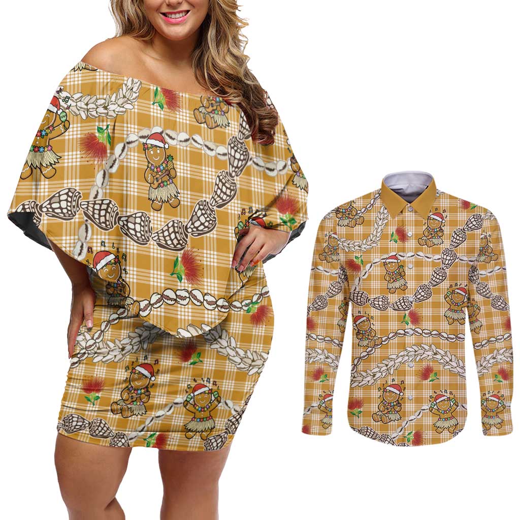 Gold Palaka Hawaii Mele Kalikimaka Couples Matching Off Shoulder Short Dress and Long Sleeve Button Shirt Ohia Lehua Shell Leis Funny Gingerbread Santa LT14 Gold - Polynesian Pride