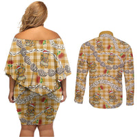 Gold Palaka Hawaii Mele Kalikimaka Couples Matching Off Shoulder Short Dress and Long Sleeve Button Shirt Ohia Lehua Shell Leis Funny Gingerbread Santa LT14 - Polynesian Pride