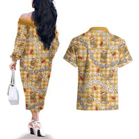 Gold Palaka Hawaii Mele Kalikimaka Couples Matching Off The Shoulder Long Sleeve Dress and Hawaiian Shirt Ohia Lehua Shell Leis Funny Gingerbread Santa LT14 - Polynesian Pride