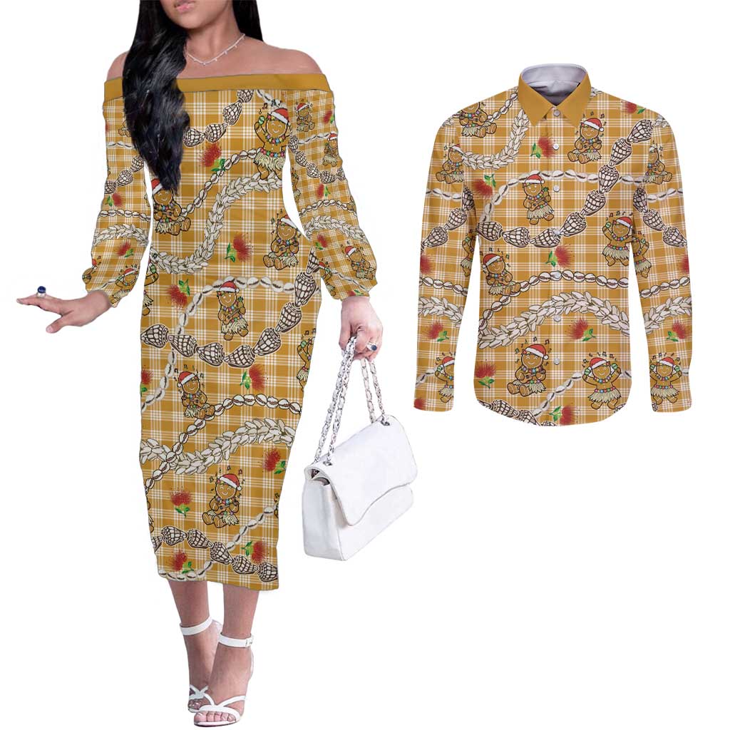 Gold Palaka Hawaii Mele Kalikimaka Couples Matching Off The Shoulder Long Sleeve Dress and Long Sleeve Button Shirt Ohia Lehua Shell Leis Funny Gingerbread Santa - Polynesian Pride