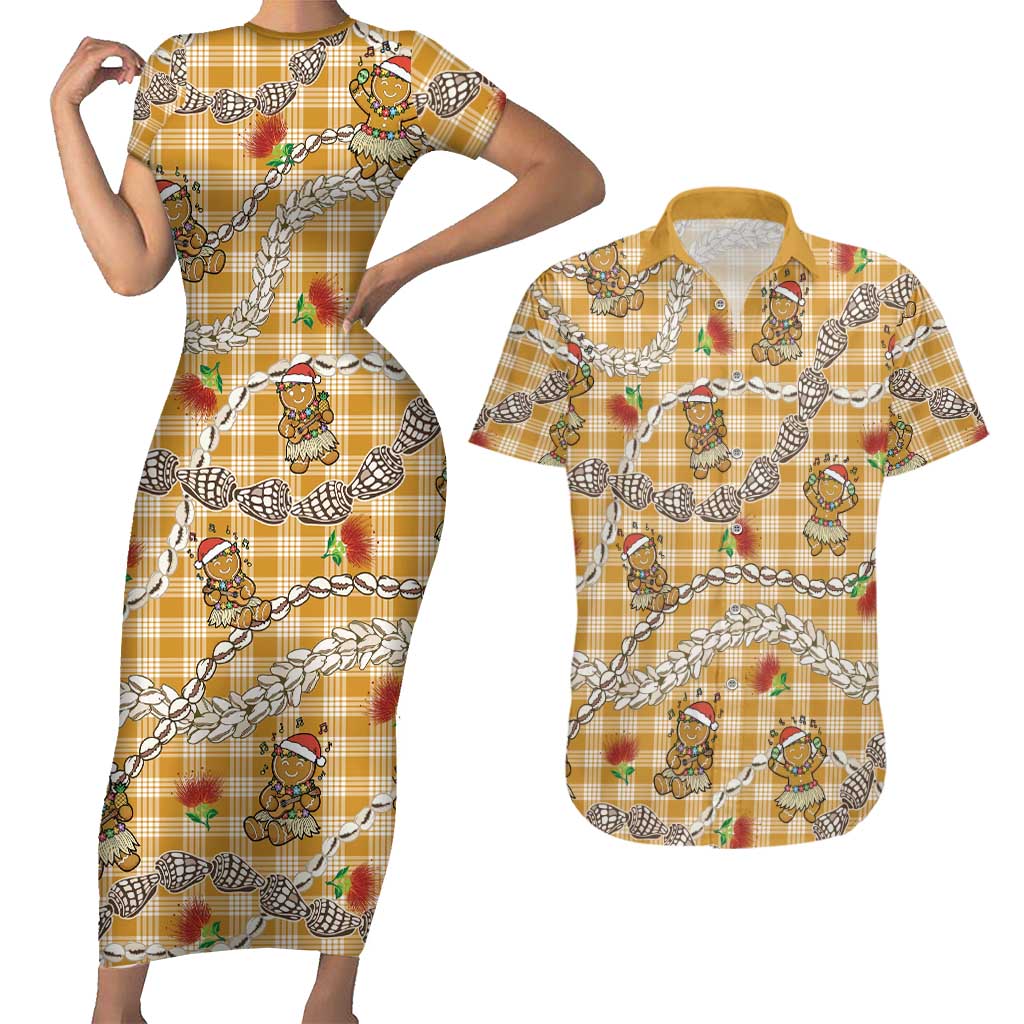 Gold Palaka Hawaii Mele Kalikimaka Couples Matching Short Sleeve Bodycon Dress and Hawaiian Shirt Ohia Lehua Shell Leis Funny Gingerbread Santa - Polynesian Pride