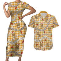 Gold Palaka Hawaii Mele Kalikimaka Couples Matching Short Sleeve Bodycon Dress and Hawaiian Shirt Ohia Lehua Shell Leis Funny Gingerbread Santa LT14 Gold - Polynesian Pride