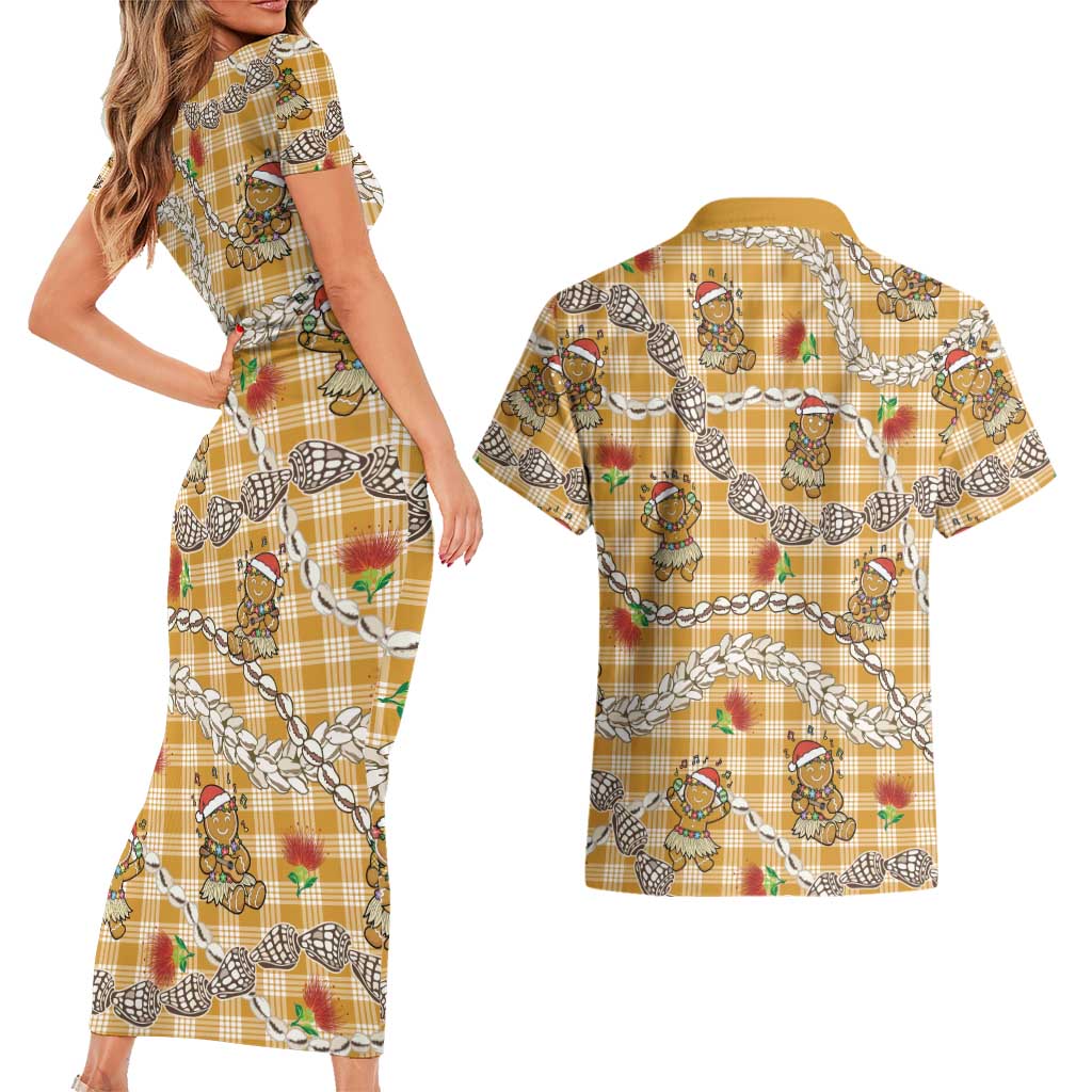 Gold Palaka Hawaii Mele Kalikimaka Couples Matching Short Sleeve Bodycon Dress and Hawaiian Shirt Ohia Lehua Shell Leis Funny Gingerbread Santa LT14 - Polynesian Pride