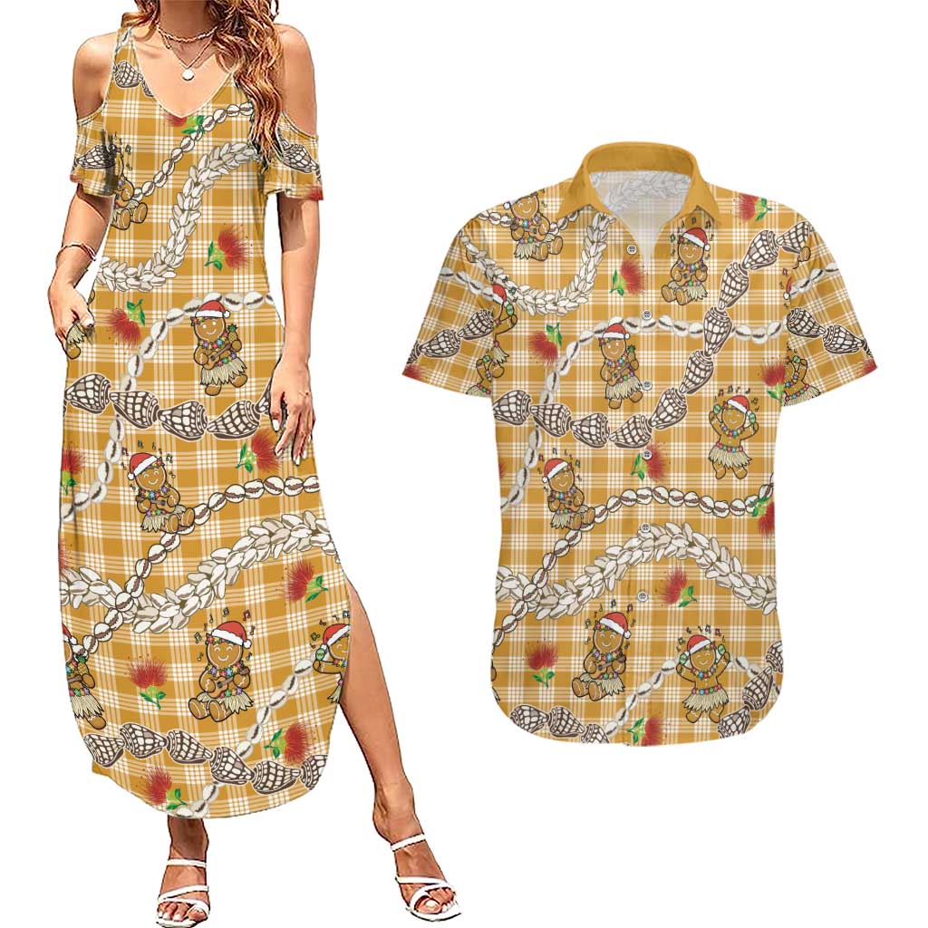 Gold Palaka Hawaii Mele Kalikimaka Couples Matching Summer Maxi Dress and Hawaiian Shirt Ohia Lehua Shell Leis Funny Gingerbread Santa - Polynesian Pride