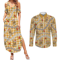 Gold Palaka Hawaii Mele Kalikimaka Couples Matching Summer Maxi Dress and Long Sleeve Button Shirt Ohia Lehua Shell Leis Funny Gingerbread Santa LT14 Gold - Polynesian Pride