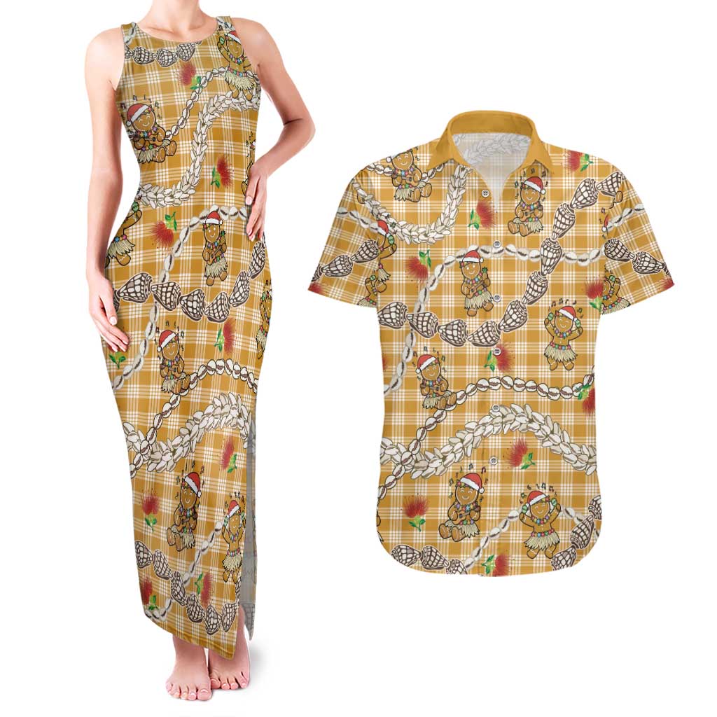 Gold Palaka Hawaii Mele Kalikimaka Couples Matching Tank Maxi Dress and Hawaiian Shirt Ohia Lehua Shell Leis Funny Gingerbread Santa - Polynesian Pride