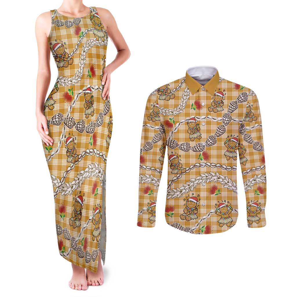 Gold Palaka Hawaii Mele Kalikimaka Couples Matching Tank Maxi Dress and Long Sleeve Button Shirt Ohia Lehua Shell Leis Funny Gingerbread Santa - Polynesian Pride