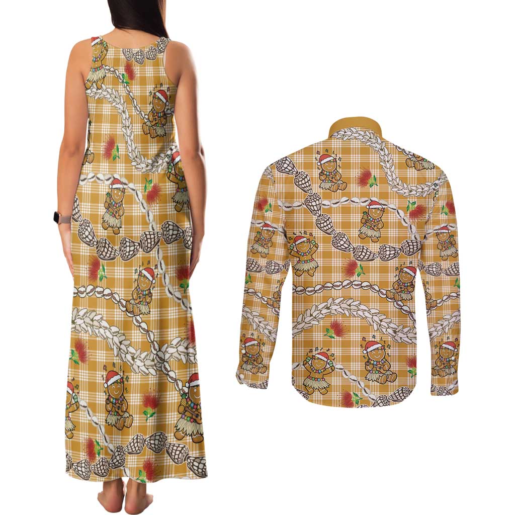 Gold Palaka Hawaii Mele Kalikimaka Couples Matching Tank Maxi Dress and Long Sleeve Button Shirt Ohia Lehua Shell Leis Funny Gingerbread Santa LT14 - Polynesian Pride