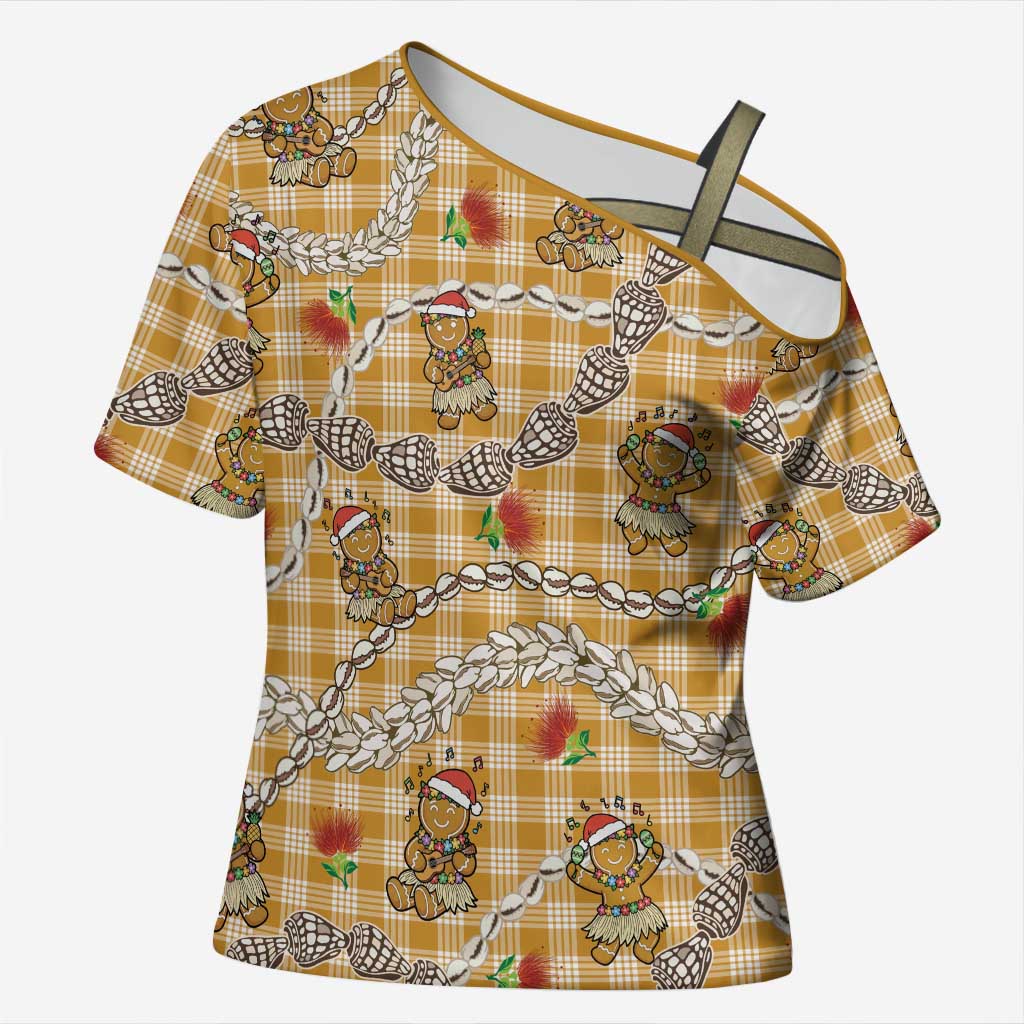 Gold Palaka Hawaii Mele Kalikimaka Cross Shoulder Shirt Ohia Lehua Shell Leis Funny Gingerbread Santa - Polynesian Pride