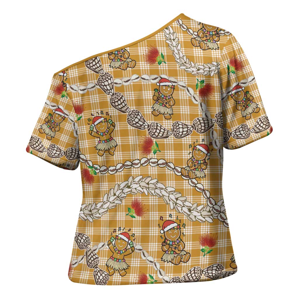 Gold Palaka Hawaii Mele Kalikimaka Cross Shoulder Shirt Ohia Lehua Shell Leis Funny Gingerbread Santa LT14 - Polynesian Pride