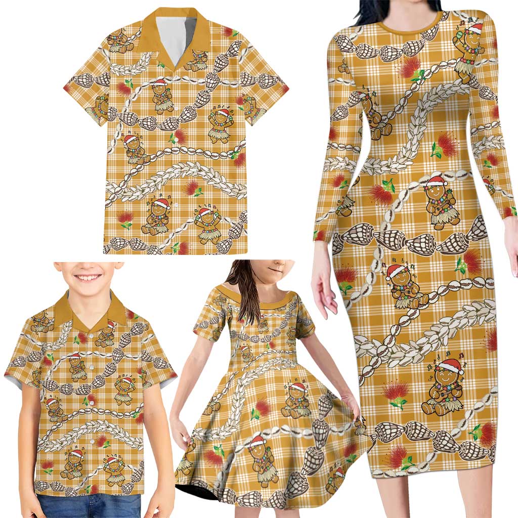 Gold Palaka Hawaii Mele Kalikimaka Family Matching Long Sleeve Bodycon Dress and Hawaiian Shirt Ohia Lehua Shell Leis Funny Gingerbread Santa LT14 - Polynesian Pride