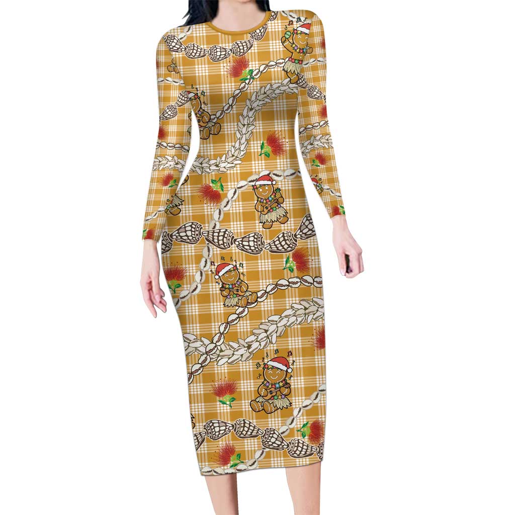 Gold Palaka Hawaii Mele Kalikimaka Family Matching Long Sleeve Bodycon Dress and Hawaiian Shirt Ohia Lehua Shell Leis Funny Gingerbread Santa LT14 Gold - Polynesian Pride