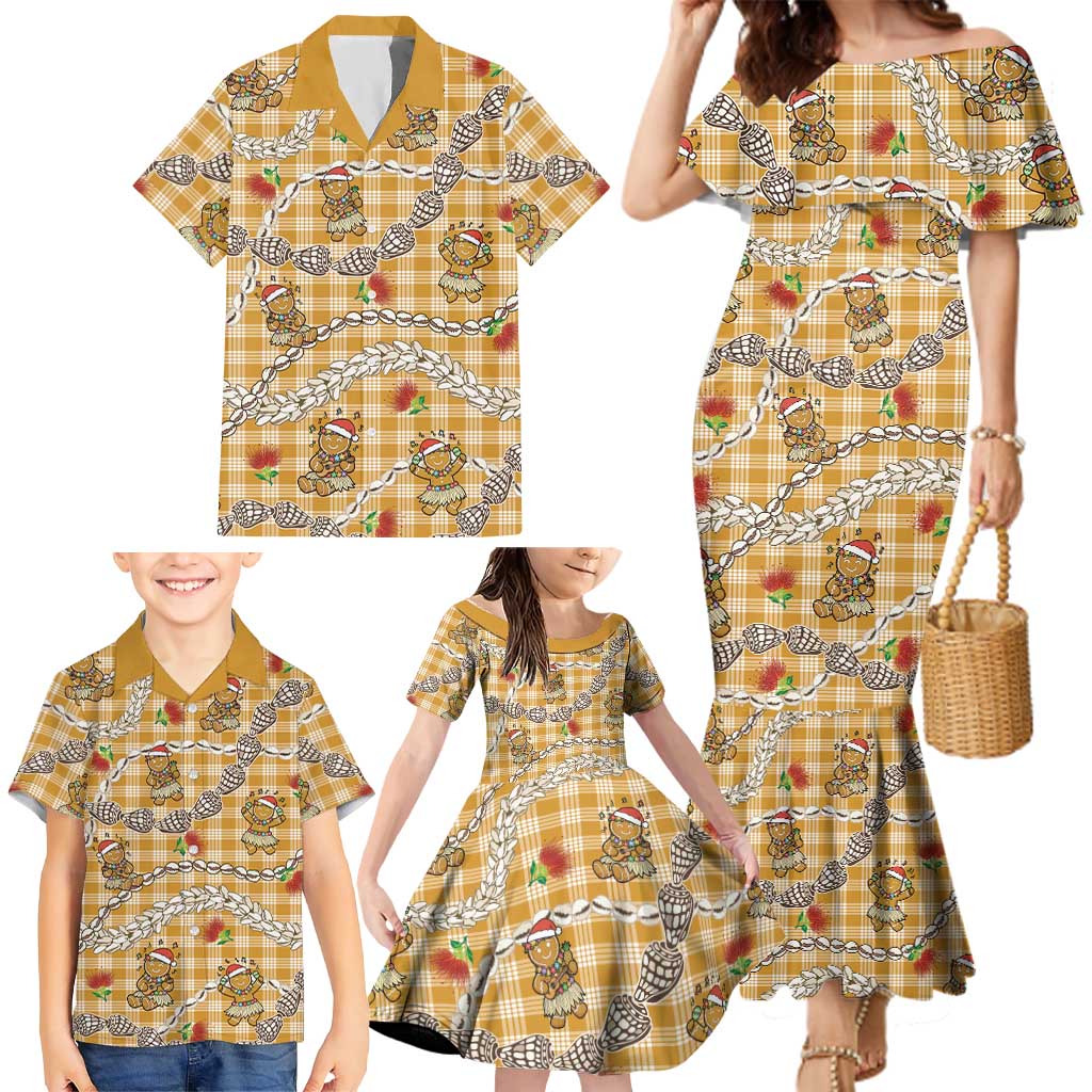 Gold Palaka Hawaii Mele Kalikimaka Family Matching Mermaid Dress and Hawaiian Shirt Ohia Lehua Shell Leis Funny Gingerbread Santa LT14 - Polynesian Pride