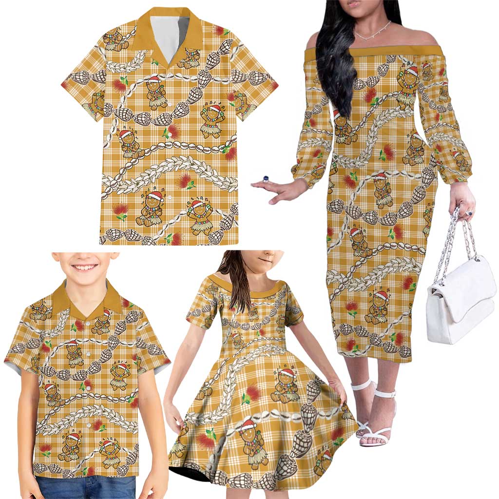 Gold Palaka Hawaii Mele Kalikimaka Family Matching Off The Shoulder Long Sleeve Dress and Hawaiian Shirt Ohia Lehua Shell Leis Funny Gingerbread Santa LT14 - Polynesian Pride