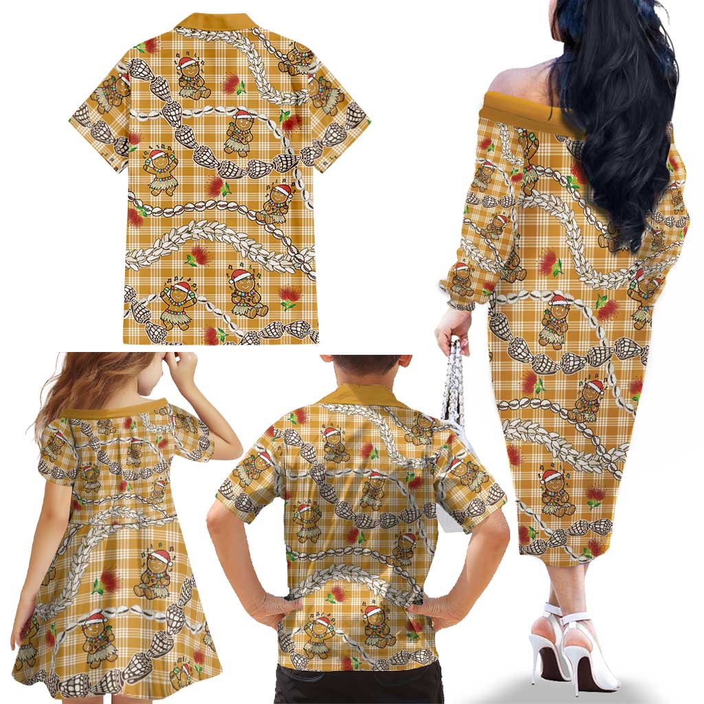 Gold Palaka Hawaii Mele Kalikimaka Family Matching Off The Shoulder Long Sleeve Dress and Hawaiian Shirt Ohia Lehua Shell Leis Funny Gingerbread Santa LT14 - Polynesian Pride