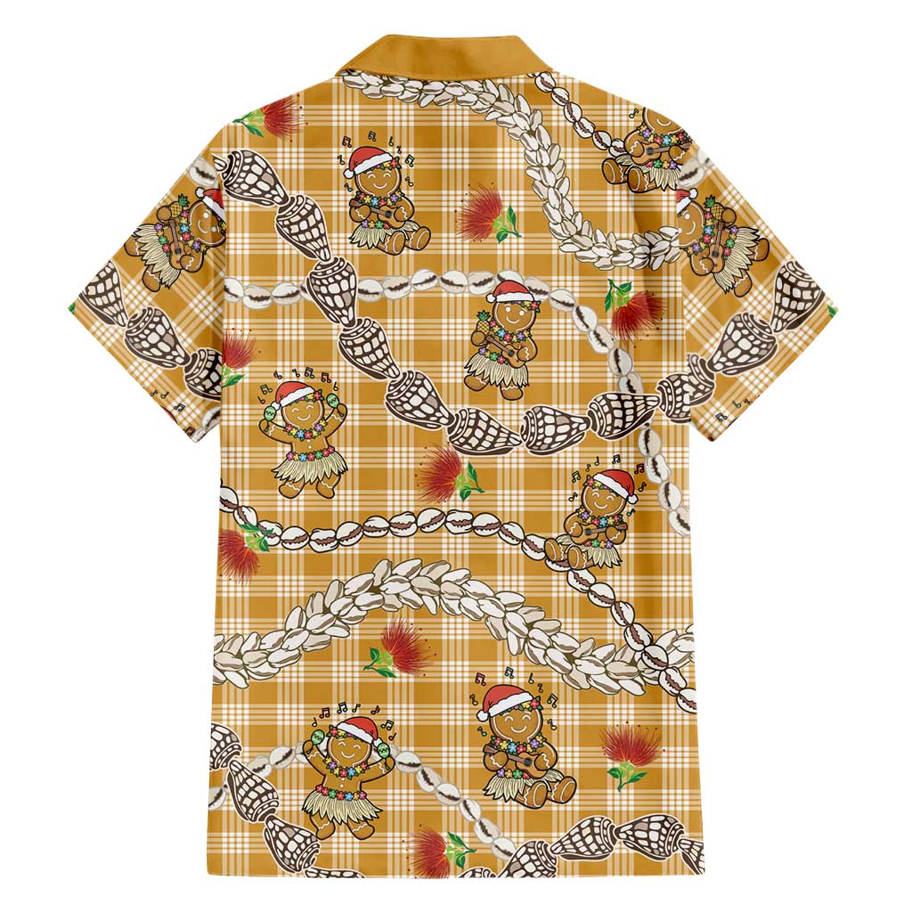 Gold Palaka Hawaii Mele Kalikimaka Family Matching Off The Shoulder Long Sleeve Dress and Hawaiian Shirt Ohia Lehua Shell Leis Funny Gingerbread Santa LT14 - Polynesian Pride