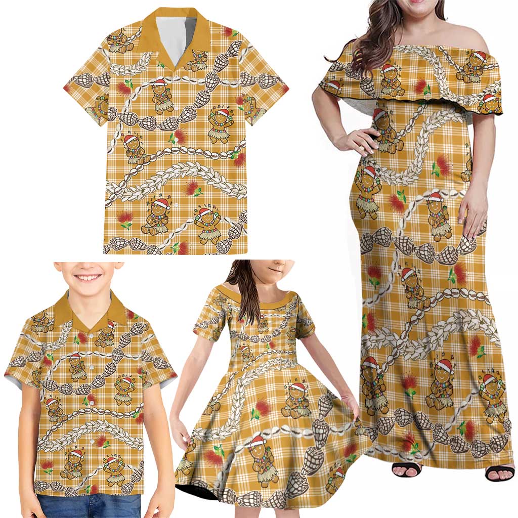 Gold Palaka Hawaii Mele Kalikimaka Family Matching Off Shoulder Maxi Dress and Hawaiian Shirt Ohia Lehua Shell Leis Funny Gingerbread Santa LT14 - Polynesian Pride