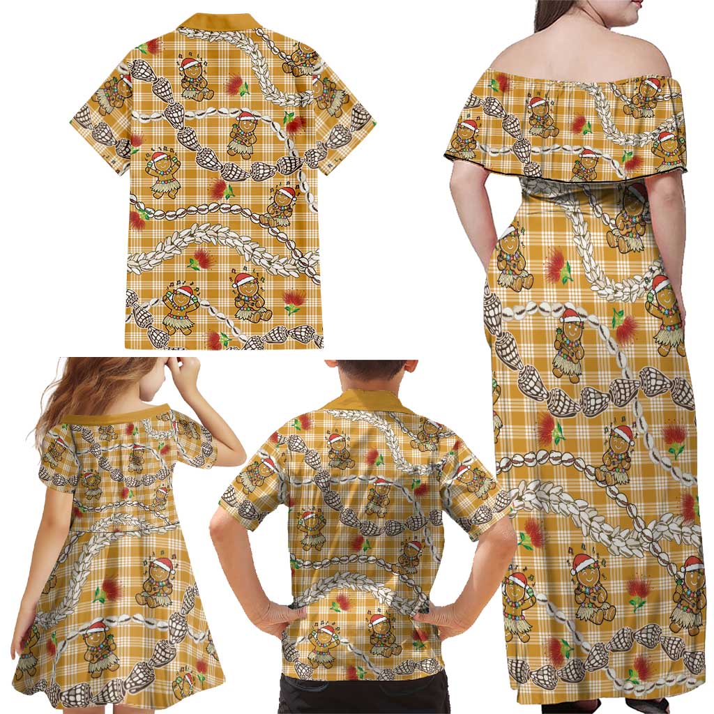 Gold Palaka Hawaii Mele Kalikimaka Family Matching Off Shoulder Maxi Dress and Hawaiian Shirt Ohia Lehua Shell Leis Funny Gingerbread Santa LT14 - Polynesian Pride