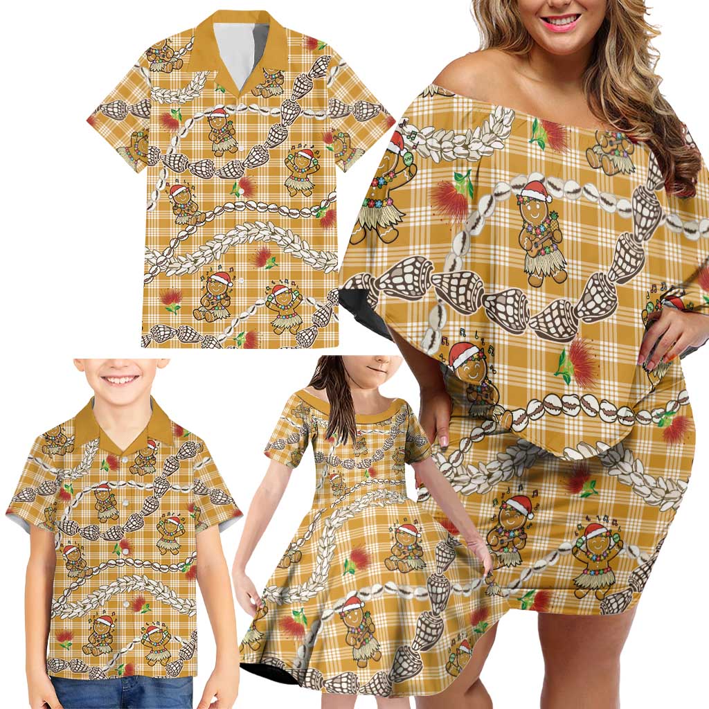 Gold Palaka Hawaii Mele Kalikimaka Family Matching Off Shoulder Short Dress and Hawaiian Shirt Ohia Lehua Shell Leis Funny Gingerbread Santa LT14 - Polynesian Pride