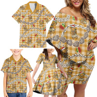 Gold Palaka Hawaii Mele Kalikimaka Family Matching Off Shoulder Short Dress and Hawaiian Shirt Ohia Lehua Shell Leis Funny Gingerbread Santa LT14 - Polynesian Pride
